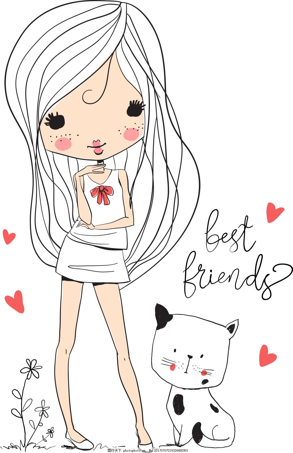 可爱的女生和小猫插画,手绘 简笔画 卡通 动物-