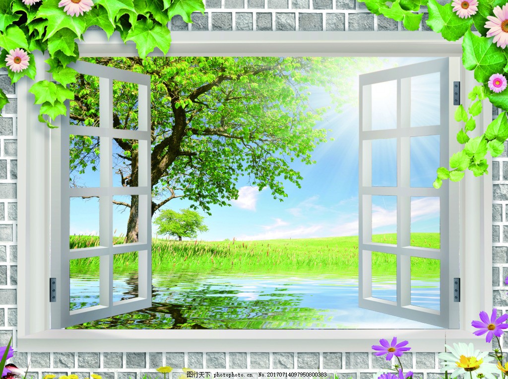 窗外艳阳湖水绿色背景,清澈 水面 藤蔓 草地 窗户-图行天下图库