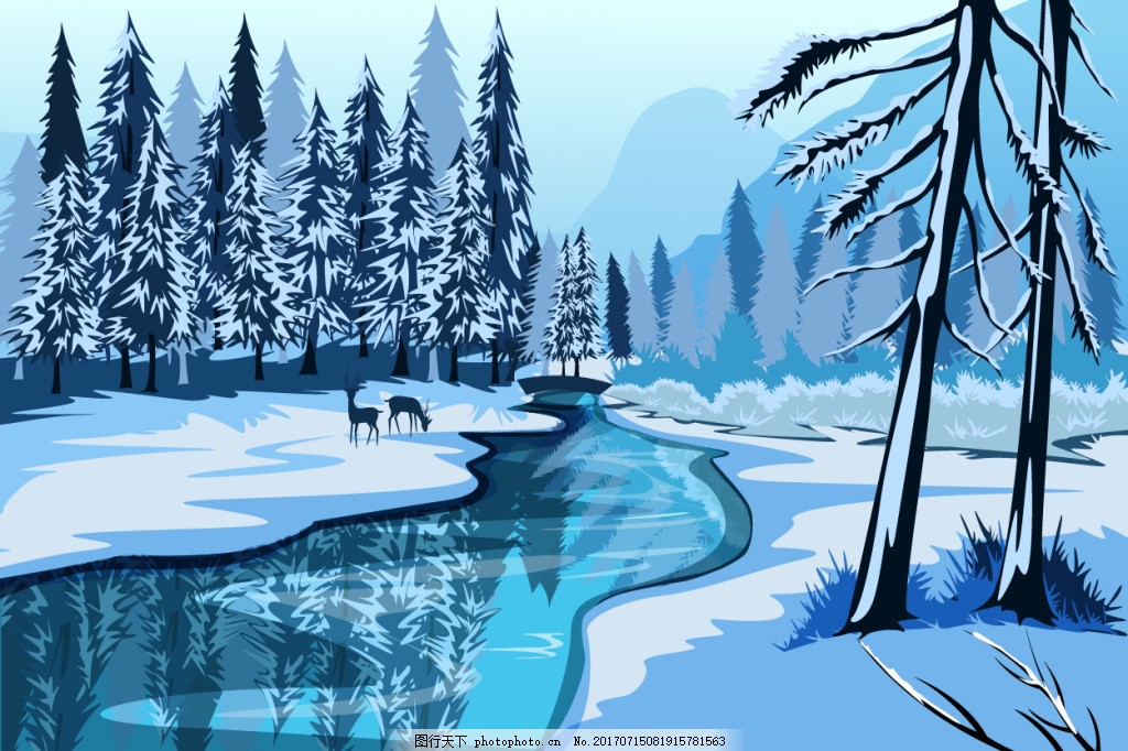 冬天森林里的风景插画 雪景 冬天 大树 小河 森林 风景 插画 雪松