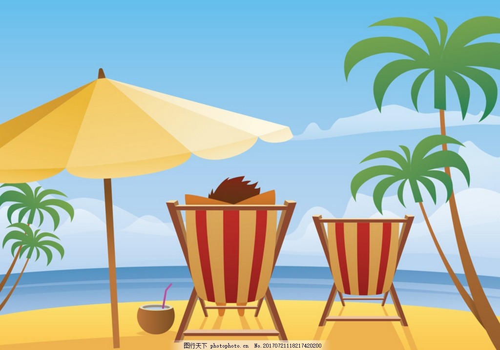沙滩椅度假矢量素材 遮阳伞 椰子树 海边 夏天