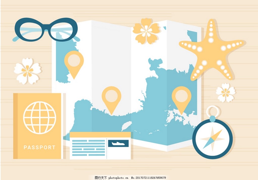 夏天旅游图标矢量素材 眼镜 地图 海星 指南针 旅游攻略 签证图片