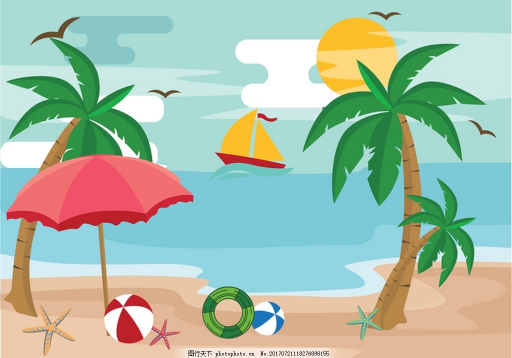夏天沙滩素材 椰子树 遮阳伞 海星 救生圈 排球 太阳 海鸥 矢量素材