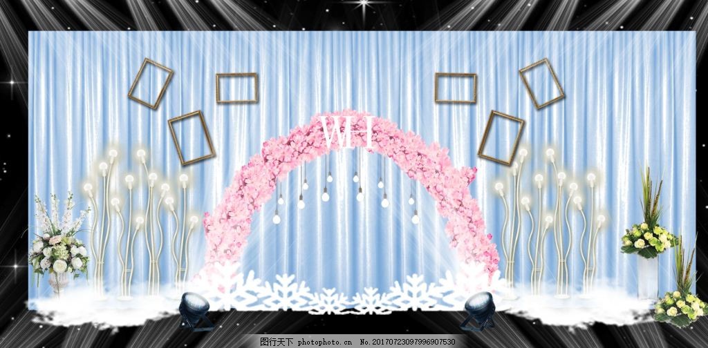 蓝色樱花拱门系列婚礼照片墙背景墙效果图,蓝