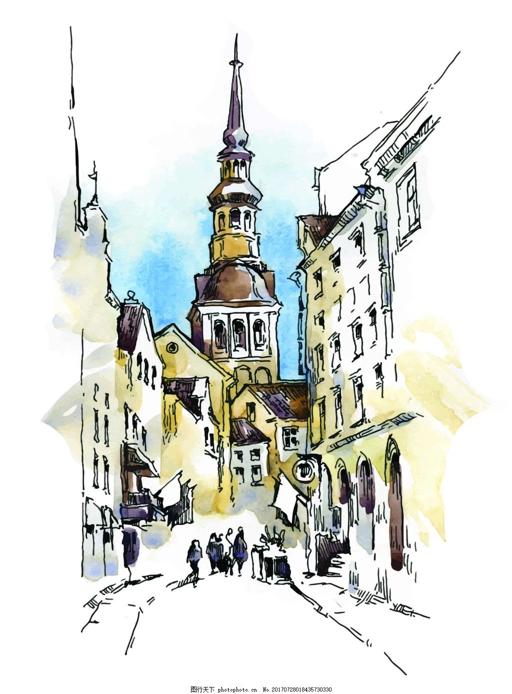 水彩绘街角的建筑插画