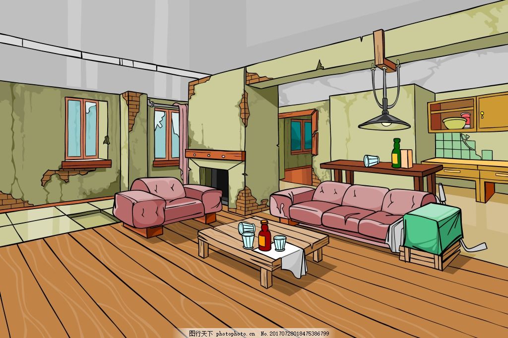 手绘卡通家居客厅插画
