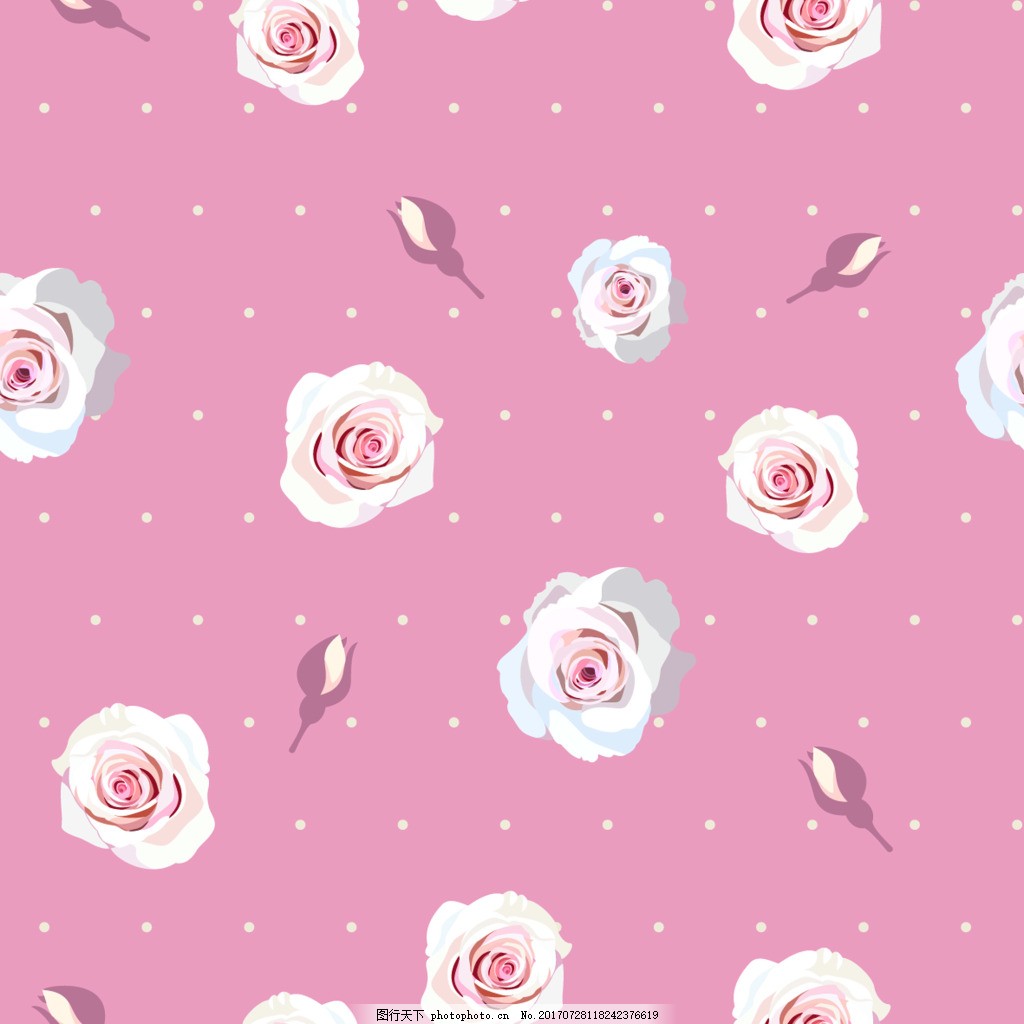 白色波点花朵纹理图案矢量背景,粉色花朵 玫瑰