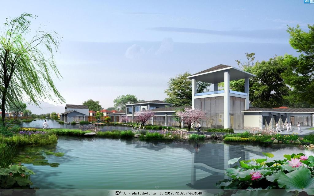 景观园林效果图 景观绿化 水景 建筑物 植物搭配 池塘 荷花 杨柳