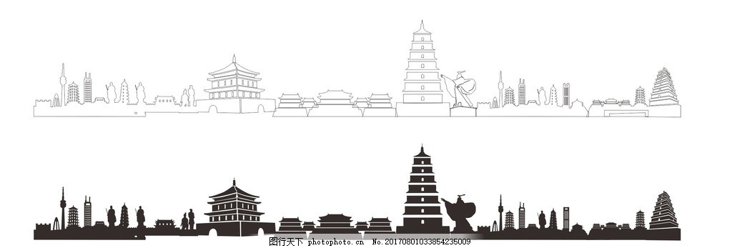 地标矢量手绘 西安市 剪影 线稿 钟楼 大雁塔 电视塔 图片素材