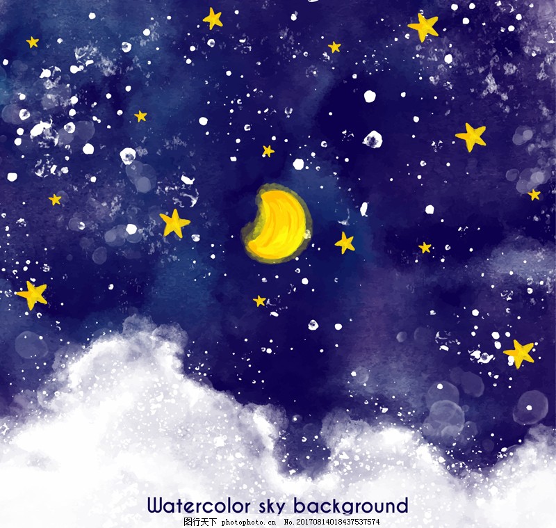水彩绘夜空风景矢量素材 唯美 白云 星星 月亮 美丽