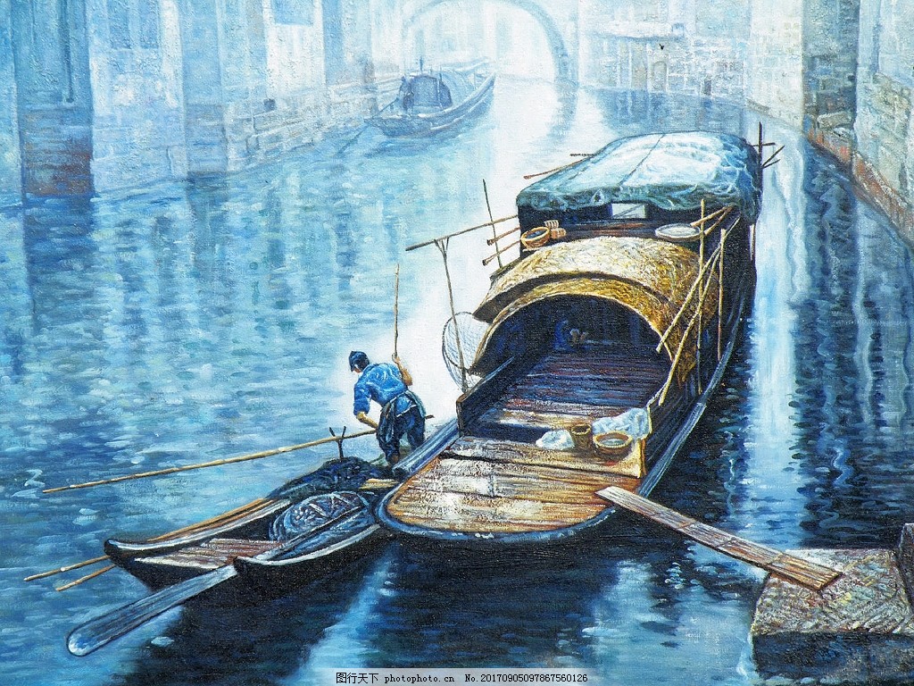 手绘彩绘江边小船装饰画 碧绿的水 风景画