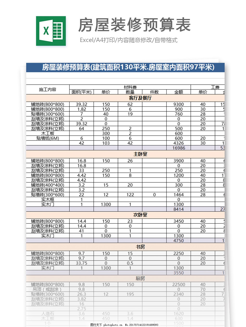 房屋装修预算表excel模板