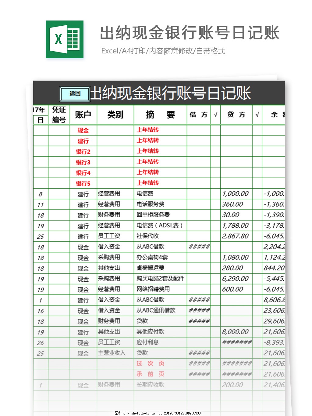 出纳现金银行账号日记账excel表格模板