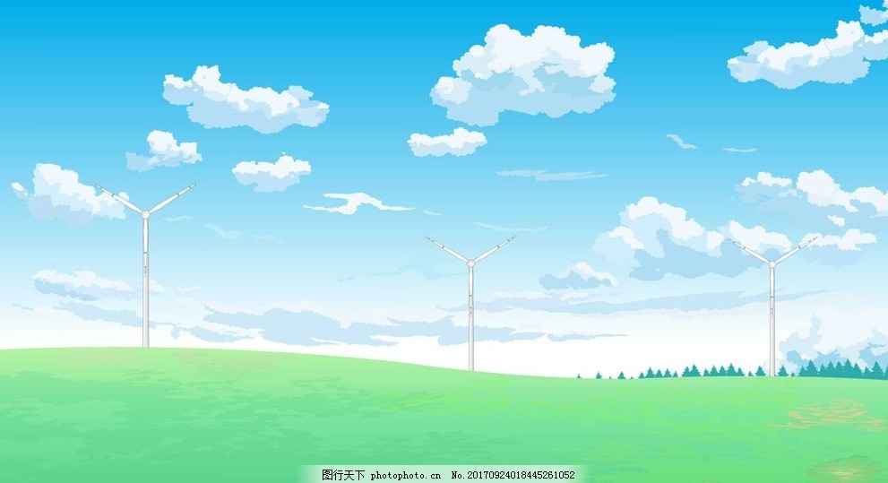 动画草原蓝天白云风力发电风车图片 风景漫画 动漫卡通 图行天下素材网